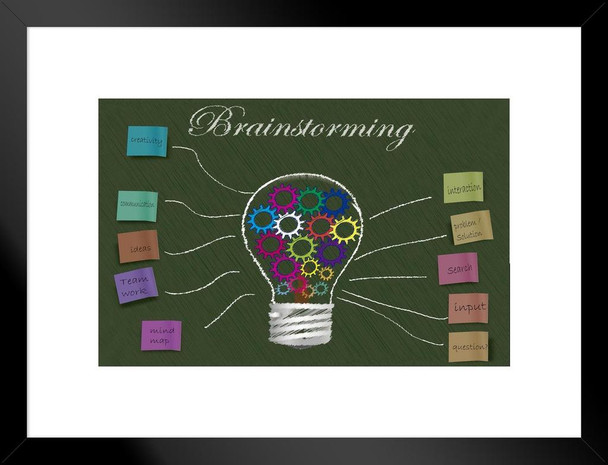 Brainstorming Lightbulb on Blackboard With Concept Sticky Notes Photo Matted Framed Art Print Wall Decor 26x20 inch