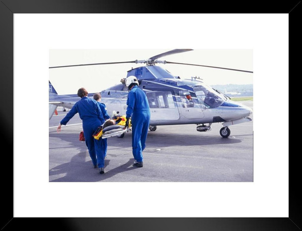 Nurses and Pilot Carrying Patient on Stretcher to Helicopter Photo Matted Framed Art Print Wall Decor 26x20 inch