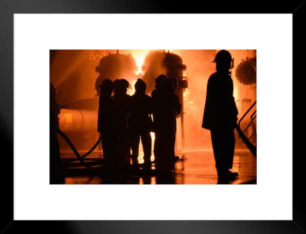 Firemen Fighting Raging Fire With Huge Flames Photo Matted Framed Art Print Wall Decor 26x20 inch