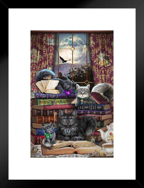 Storytime Cats and Books by Brigid Ashwood Cat Posters for Wall Funny Cat Decor Fantasy Library Cool Down Poster Kitten Poster for Wall Matted Framed Art Wall Decor 20x26