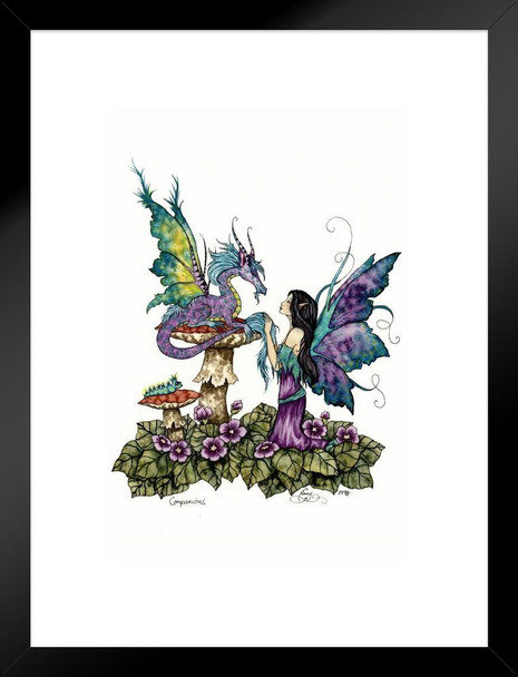 Companions Fairy And Dragon Friends by Amy Brown Fantasy Poster Colorful Flower Nature Wings Matted Framed Art Wall Decor 20x26
