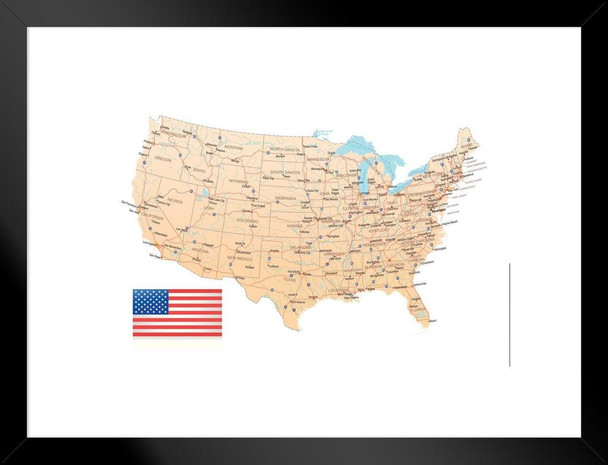 United States USA Decorative Highway Map with Flag US Map with Cities in Detail Map Posters for Wall Map Art Wall Decor Country Illustration Tourist Destinations Matted Framed Art Wall Decor 26x20