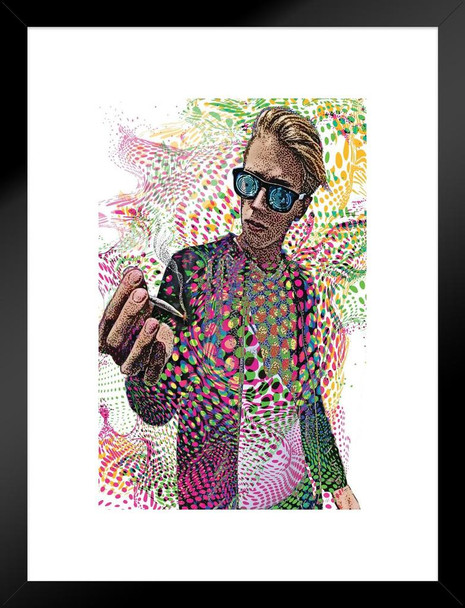 Young Man Smoking Marijuana with Psychedelic Background Matted Framed Art Print Wall Decor 20x26 inch