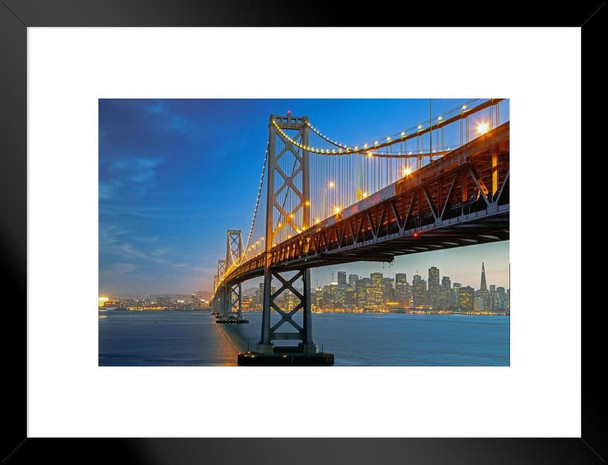 San Francisco Oakland California Bay Bridge Illuminated at Dusk Photo Matted Framed Art Print Wall Decor 26x20 inch