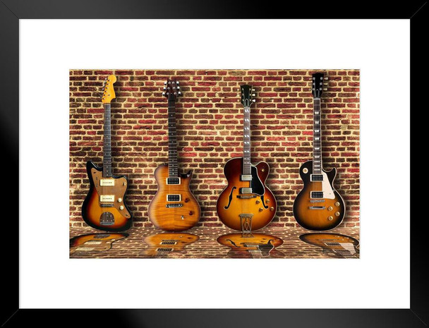 Four Electric Guitars Arranged on Brick Wall Photo Matted Framed Art Print Wall Decor 26x20 inch