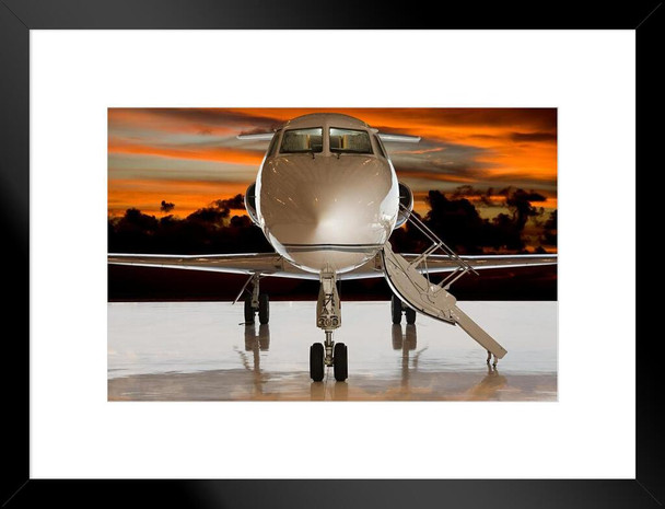 Private Airplane Jet at Sunset Runway Tarmac Photo Photograph Matted Framed Art Wall Decor 26x20