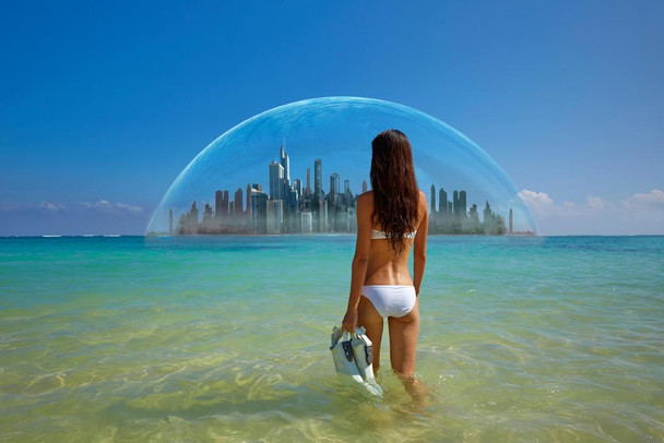 Laminated Woman in Bikini Admiring Futuristic City Tropics Photo Art Print Poster Dry Erase Sign 18x12