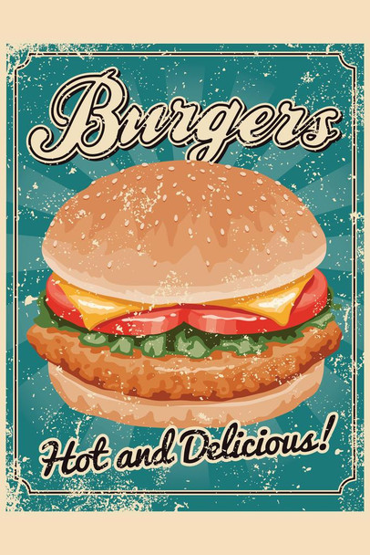Laminated Burgers Hot and Delicious Retro Art Print Poster Dry Erase Sign 12x18