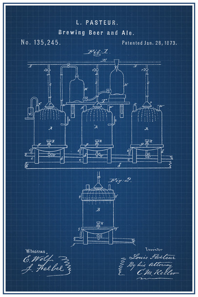 Brewing Beer and Ale Louis Pasteur 1873 Official Patent Blueprint Homebrew Fermentation Tanks Drinking Alcohol Keg Party Decoration Cool Wall Art Print Poster 12x18