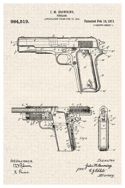 Handgun 1910 Official Patent Office Tan Color Blueprint Diagram Firearm Educational Decoration Improved Revolver Design Cool Wall Decor Art Print Poster 12x18