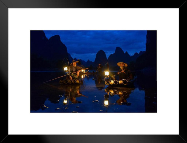 Cormorant Fishing Fisherman Guilin Li River Karst Mountains Blue Hour Of Dawn Guangxi China Matted Framed Art Wall Decor 20x26