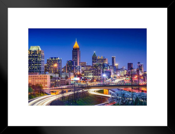 Atlanta Georgia Skyline Cityscape Illuminated At Night Landscape Photo Matted Framed Poster 20x26 inch