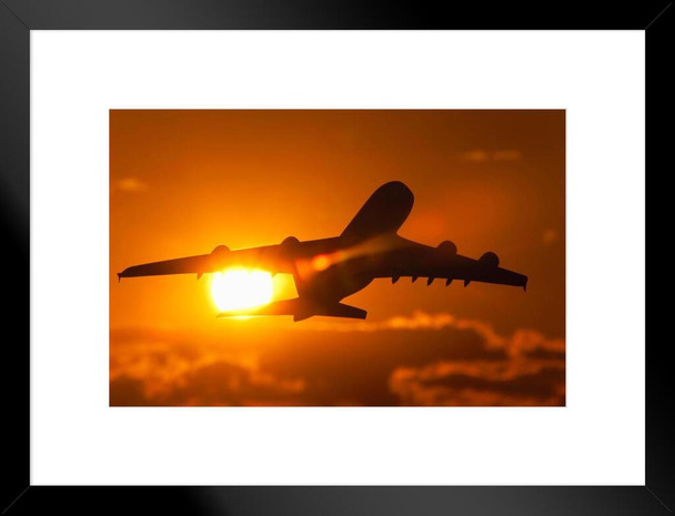 Airbus A380 Commercial Airplane Flying Into Sunset Photo Matted Framed Art Print Wall Decor 26x20 inch