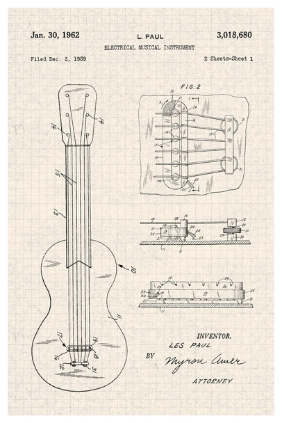 Les Paul Electric Guitar Pickup Sketch Official Patent Diagram Cool Wall Decor Art Print Poster 12x18