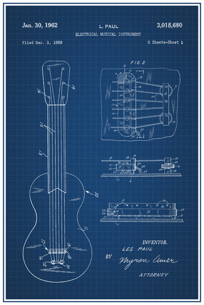 Les Paul Electric Guitar Pickup Sketch Official Patent Blueprint Cool Wall Decor Art Print Poster 12x18