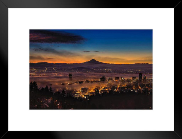 Fog Rolling in at Dawn Over the City of Portland Photo Matted Framed Art Print Wall Decor 26x20 inch