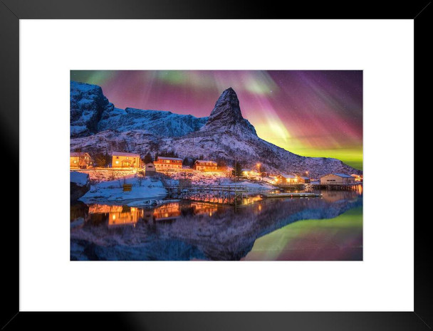 Aurora Borealis Above Snowy Islands of Lofoten Photo Matted Framed Art Print Wall Decor 26x20 inch