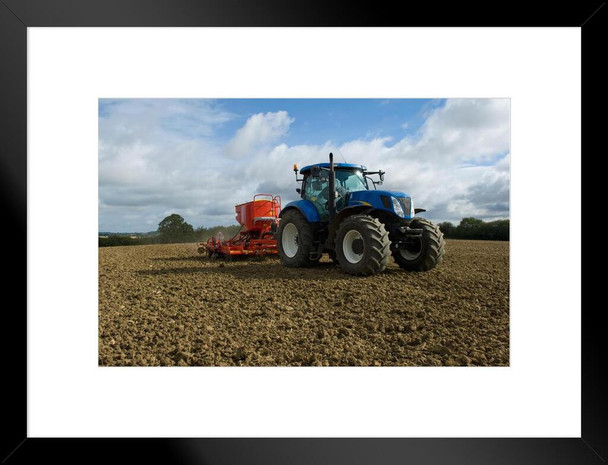 New Holland Tractor Working in Crop Field Photo Matted Framed Art Print Wall Decor 26x20 inch