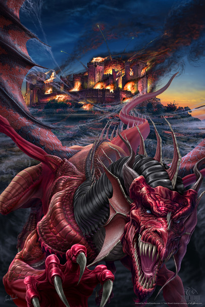 Dragons Night Fire Burning Castle By Tom Wood Fantasy Poster Fierce Red Dragon Breathing Fire Cool Wall Art Print Poster 12x18