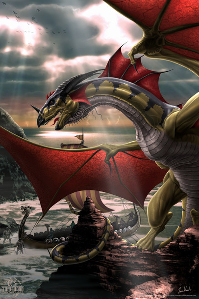 The Sentinel Dragon Guarding Port by Tom Wood Fantasy Poster Green Red Dragon Ocean Ship Cool Wall Art Print Poster 12x18