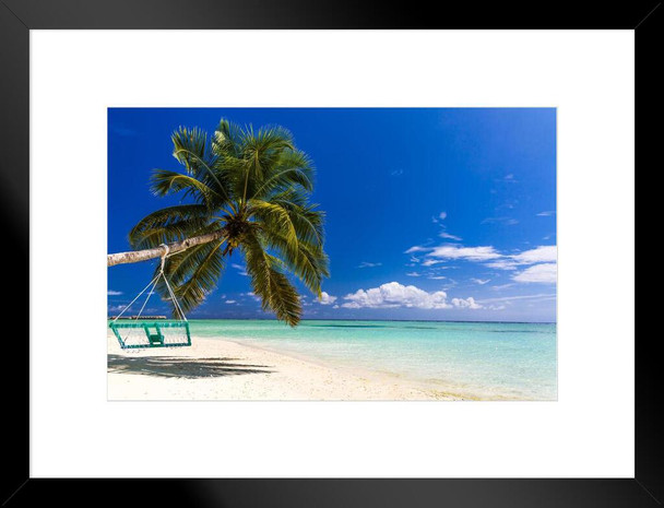 Palm Tree and Swing on Beautiful Maldives Beach Photo Matted Framed Art Print Wall Decor 26x20 inch