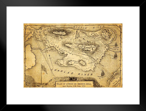 Plan of Action Battle on Breeds Hill Boston Antique Style Map Matted Framed Art Print Wall Decor 26x20 inch