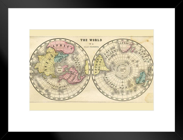 Polar Projection of the World 1856 Antique Style Map Travel World Map with Cities in Detail Map Posters for Wall Map Art Wall Decor Geographical Illustration Matted Framed Art Wall Decor 26x20