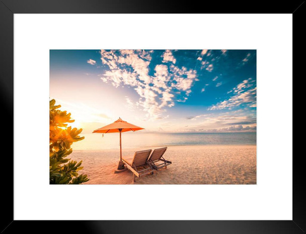 Beach Chairs Umbrella on Beautiful Maldives Beach Photo Matted Framed Art Print Wall Decor 26x20 inch