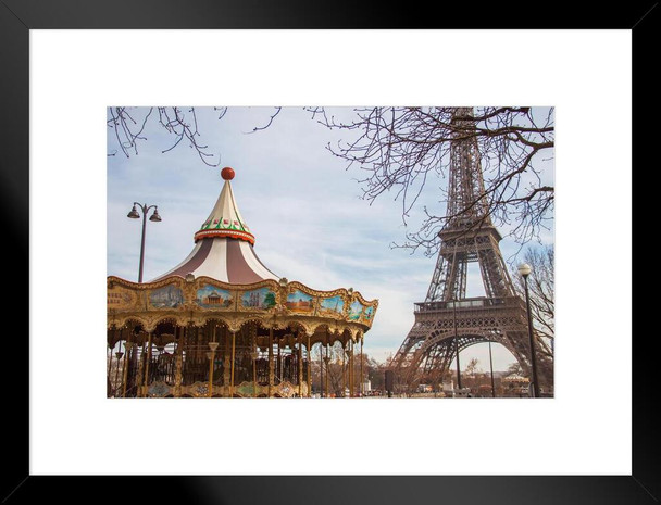 Eiffel Tower Carousel Merry Go Round Paris France Photo Matted Framed Art Print Wall Decor 26x20 inch