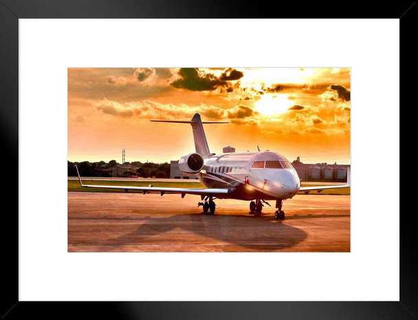 Private Airplane Jet Taxiing at Sunset Airport Runway Plane Photo Photograph Beach Palm Landscape Pictures Ocean Scenic Scenery Tropical Photography Paradise Matted Framed Art Wall Decor 26x20