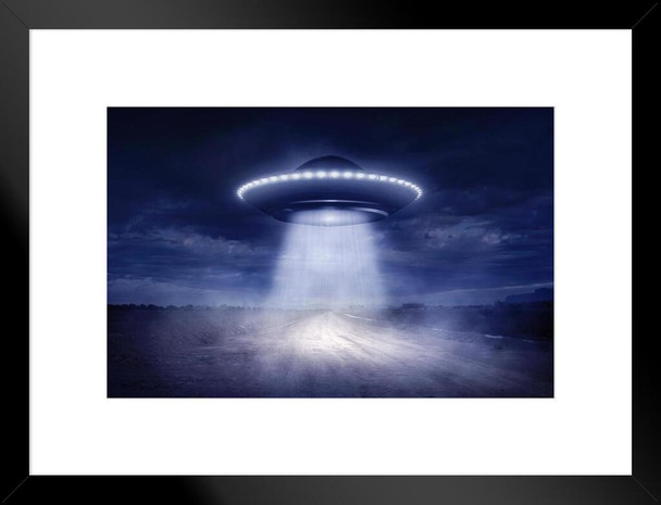 Alien Spaceship UFO Landing on Rural Road Fantasy Photo Poster Aliens Invading Earth Believe Scifi Matted Framed Art Wall Decor 26x20
