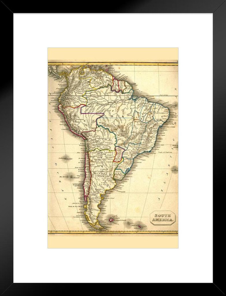 South America Antique Style Map Travel World Map with Cities in Detail Map Posters for Wall Map Art Wall Decor Geographical Illustration Travel Destinations Matted Framed Art Wall Decor 20x26