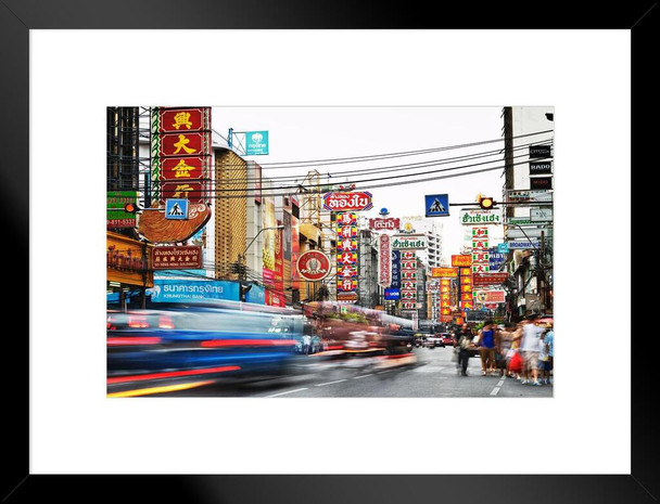 Bustling Street in China Town Bangkok Thailand Photo Matted Framed Art Print Wall Decor 26x20 inch