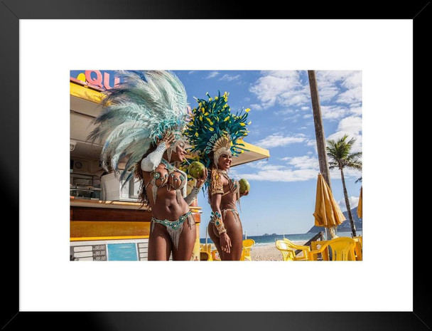 Samba Dancers in Costume with Coconut Drinks Photo Matted Framed Art Print Wall Decor 26x20 inch