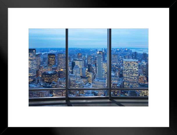 New York City Skyline Through Window at Dusk Photo Matted Framed Art Print Wall Decor 20x26 inch