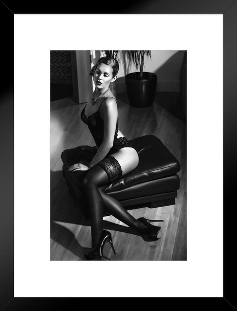 Hot Sexy Woman in a Sensual Moment B&W Photo Matted Framed Art Print Wall Decor 20x26 inch