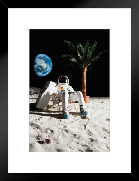 Astronaut on the Moon Relaxing in a Beach Chair Photo Matted Framed Art Print Wall Decor 20x26 inch