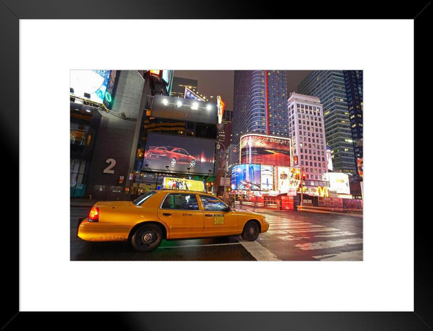 Yellow Tax Cab at Times Square New York City NYC Photo Matted Framed Art Print Wall Decor 26x20 inch