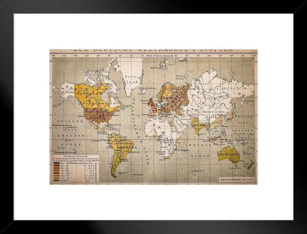 German World Trade Import Antique Style Map Travel World Map with Cities in Detail Map Posters for Wall Map Art Wall Decor Geographical Illustration Travel Matted Framed Art Wall Decor 26x20