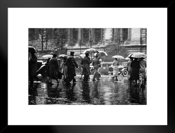 Pedestrians Passing on Rainy Street New York B&W Photo Matted Framed Art Print Wall Decor 20x26 inch