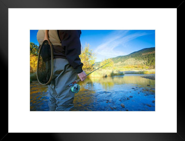 Fly Fisherman Standing in Stream Photo Matted Framed Art Print Wall Decor 26x20 inch