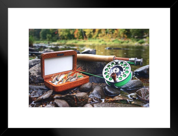 Trout Salmon Fly Fishing Gear Riverbank Photo Poster Sports Nature Outdoors Photograph Stream Rod Reel Matted Framed Art Wall Decor 26x20