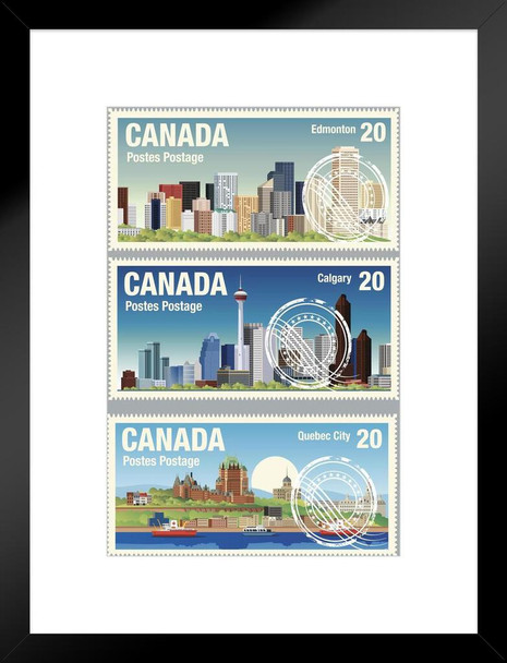 Canadian Cities Edmonton Calgary Quebec Travel Stamps Matted Framed Art Wall Decor 20x26