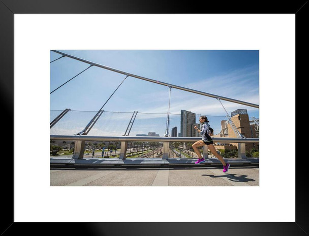 Woman in Mid Air Running on Bridge Inspirational Photo Matted Framed Art Print Wall Decor 26x20 inch
