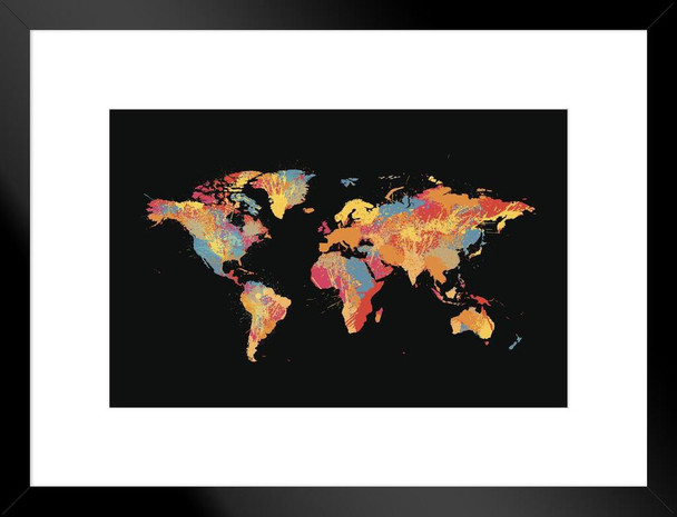 Abstract Ink Splashed World Map Travel World Map with Detail Map Posters for Wall Map Art Wall Decor Geographical Illustration Tourist Travel Destinations Matted Framed Art Wall Decor 26x20