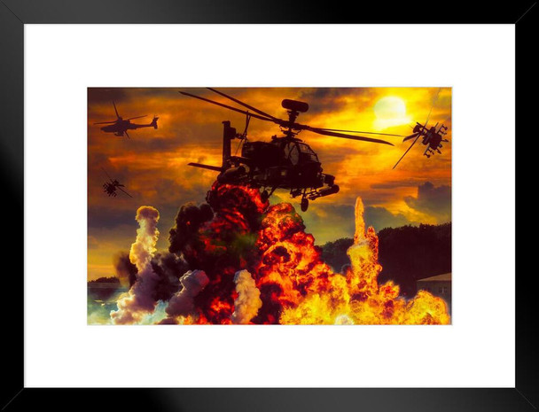 Military AH64 Combat Attack Helicopter Sunset Flight Flying Fire Explosion Photography Matted Framed Art Wall Decor 20x26