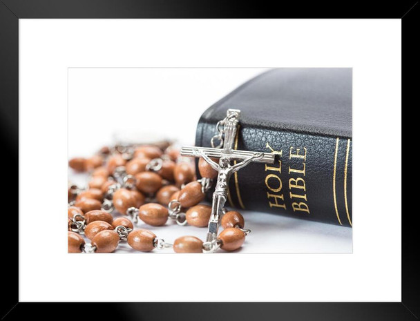 Black Leather Bound Holy Bible with Rosary Beads Photo Matted Framed Art Print Wall Decor 26x20 inch
