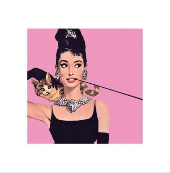 Audrey Hepburn Breakfast Tiffanys Cat Cigarillo Necklace Tiara Movie Film Pink Poster 15.75x15.75 inch