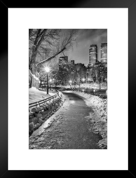 New York City Central Park Wintery Path B&W Photo Art Print Matted Framed Wall Art 20x26 inch