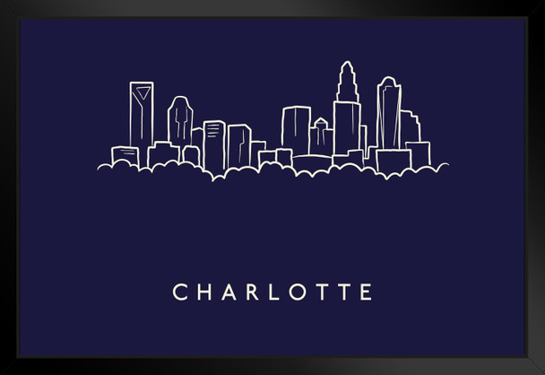 Charlotte City Skyline Pencil Sketch Matted Framed Art Print Wall Decor 26x20 inch
